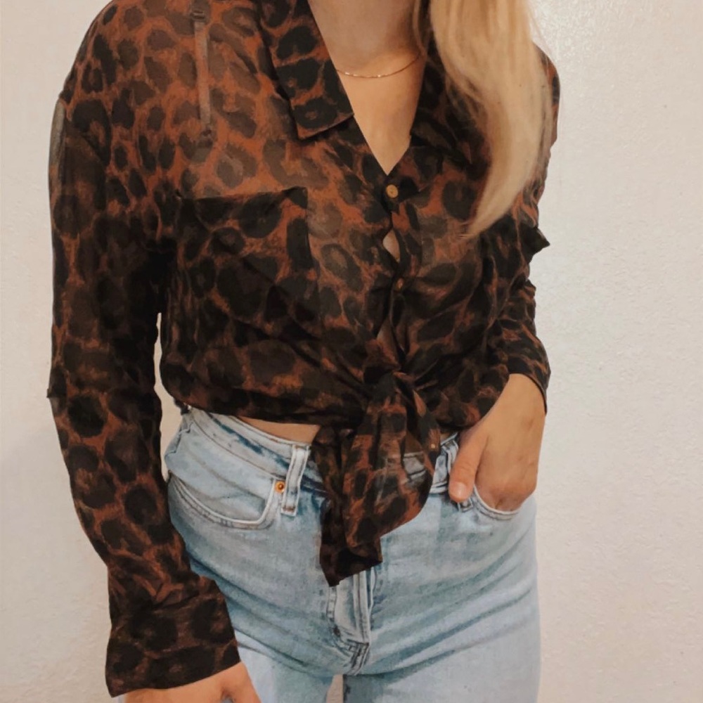 Free People Leopard Cheetah Print Button Down Blouse XSmall